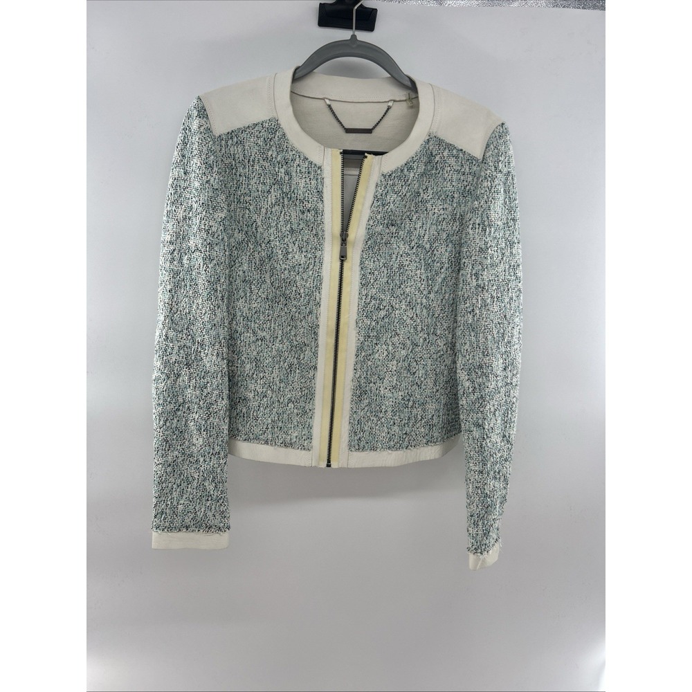 Tahari Women's‎ Tweed Lamb Leather Trim Front Zipper Size 12 Short Jacket